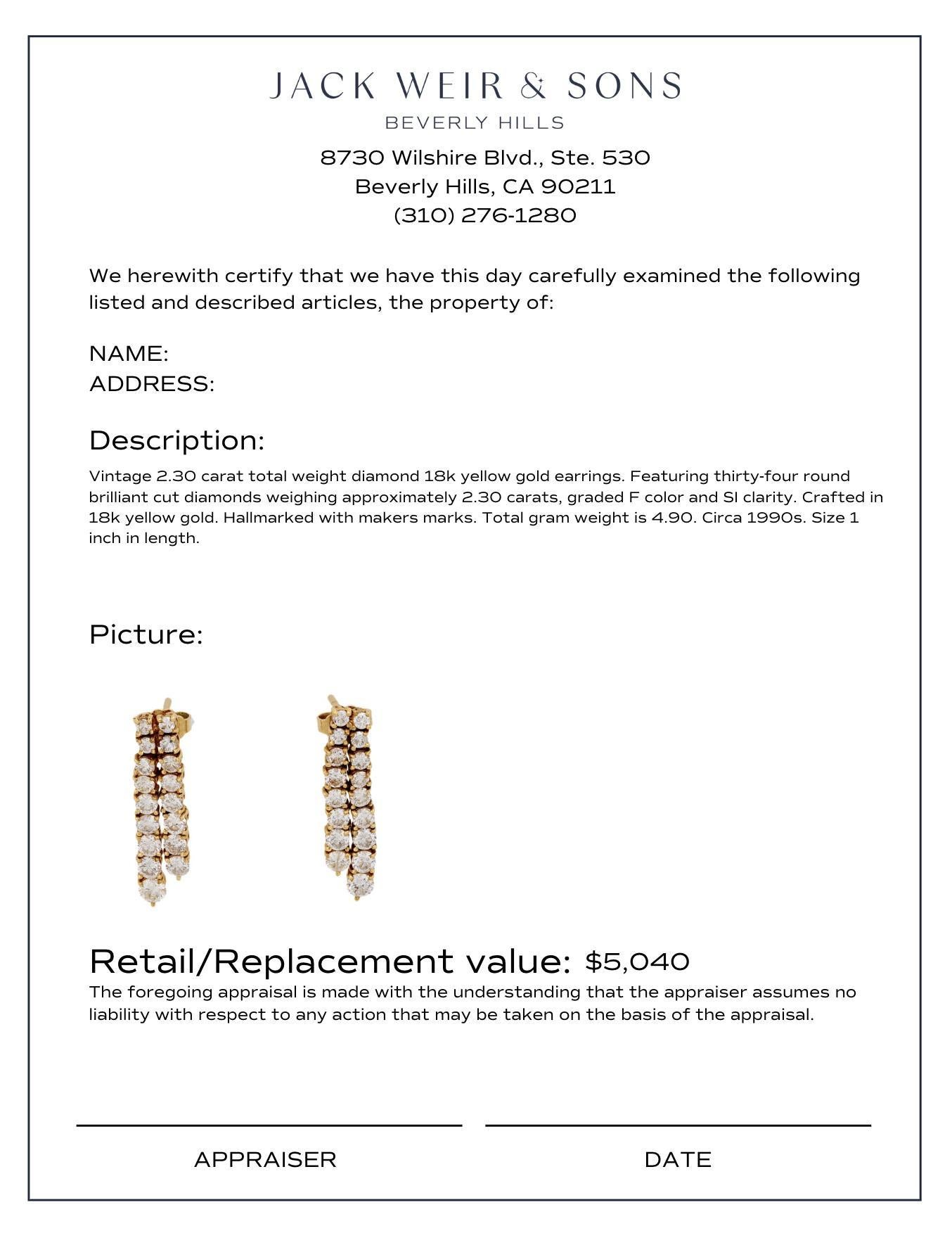 Vintage 2.30 carat total weight diamond 18k yellow gold earrings In Good Condition For Sale In Beverly Hills, CA