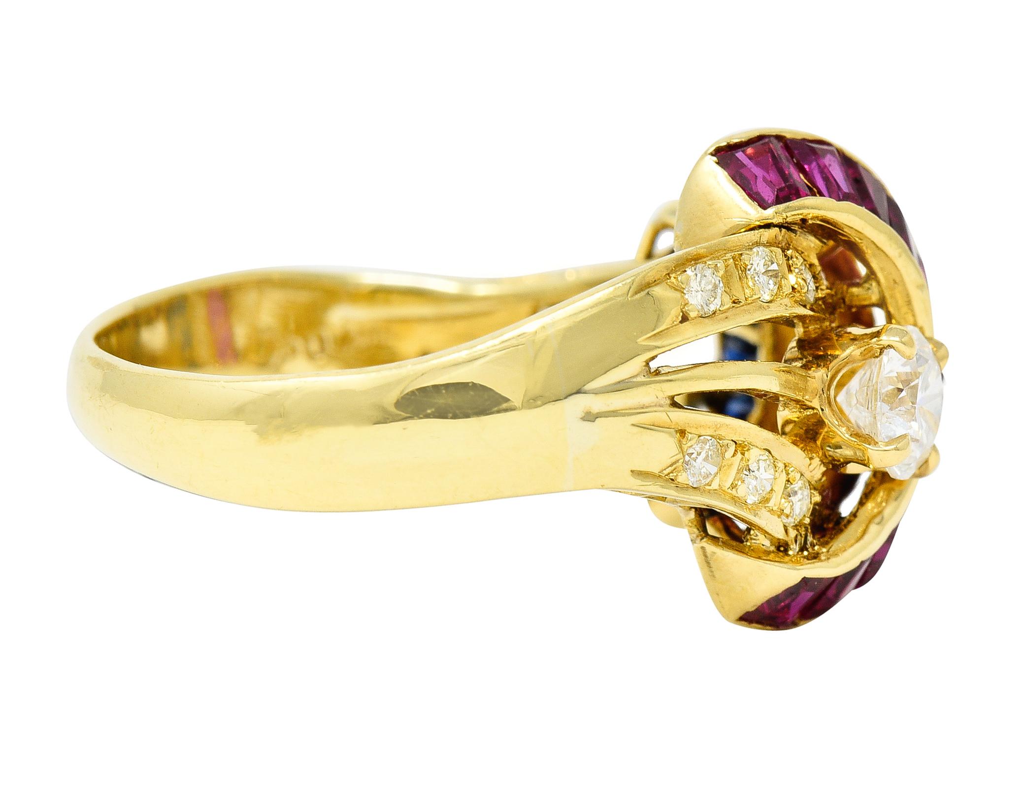 Round Cut Vintage 2.30 Carats Diamond Sapphire Ruby 18 Karat Yellow Gold Vintage Band Ring