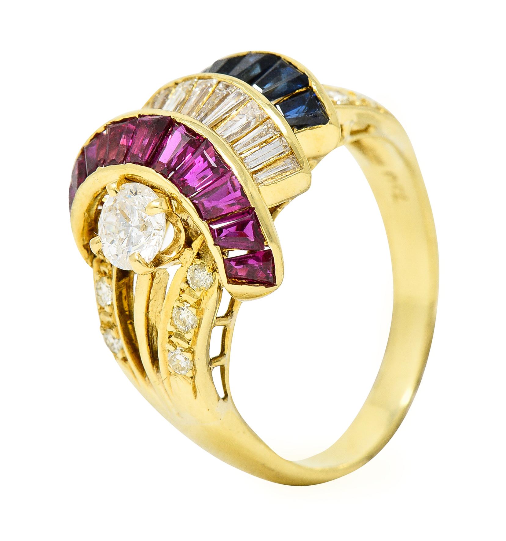 Vintage 2.30 Carats Diamond Sapphire Ruby 18 Karat Yellow Gold Vintage Band Ring 4
