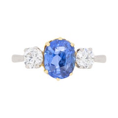 Vintage 2.31 Carat Sapphire and Diamond Three-Stone Ring, circa 1950s