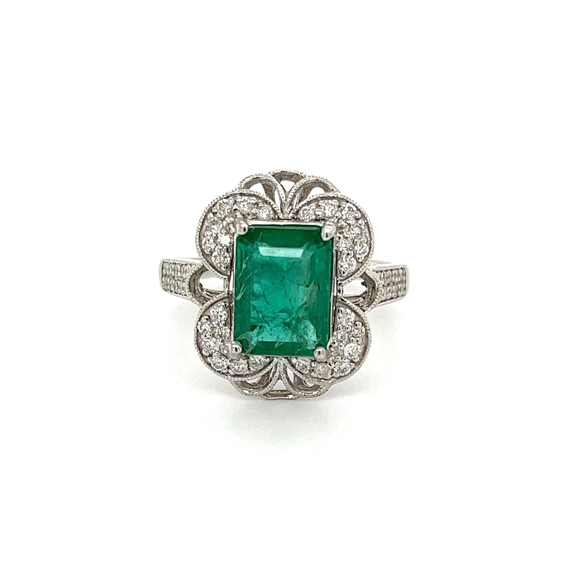 Emerald Cut Vintage 2.32 Carat Emerald GIA and Diamond Platinum Ring For Sale