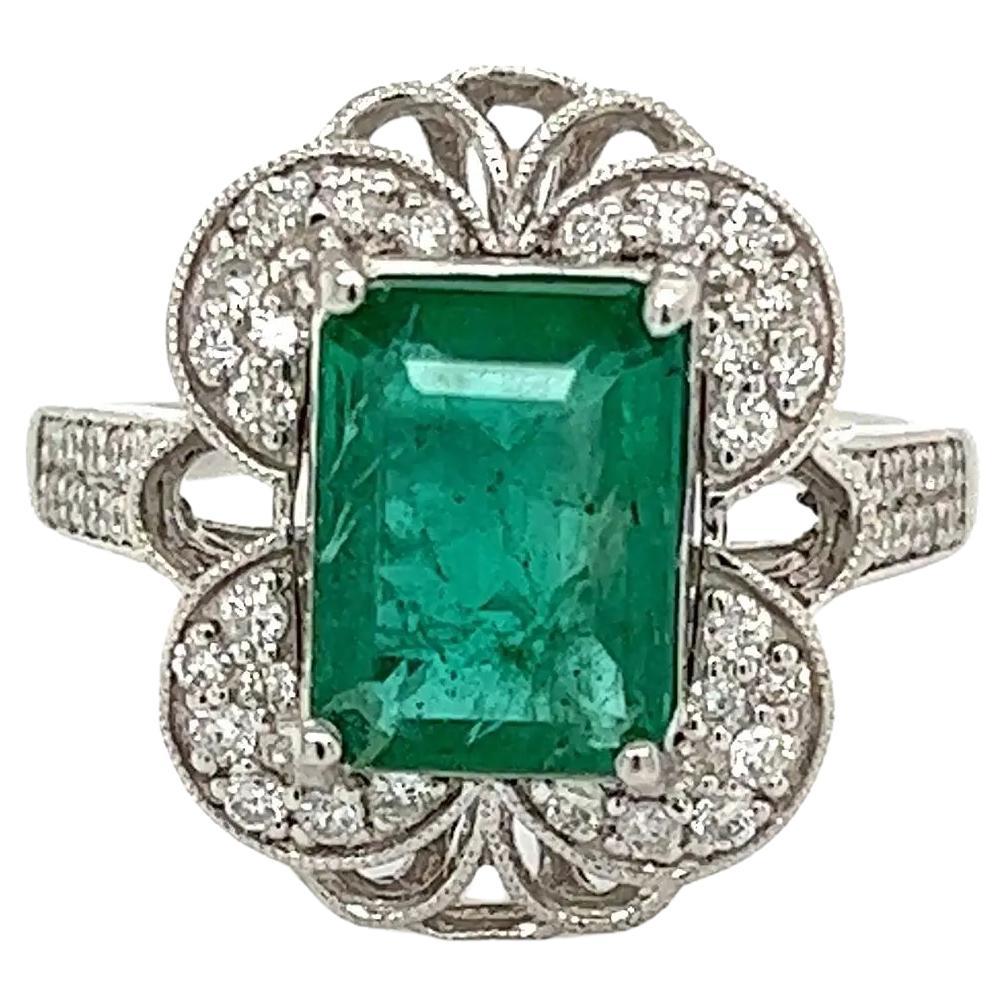 Vintage 2.32 Carat Emerald GIA and Diamond Platinum Ring For Sale