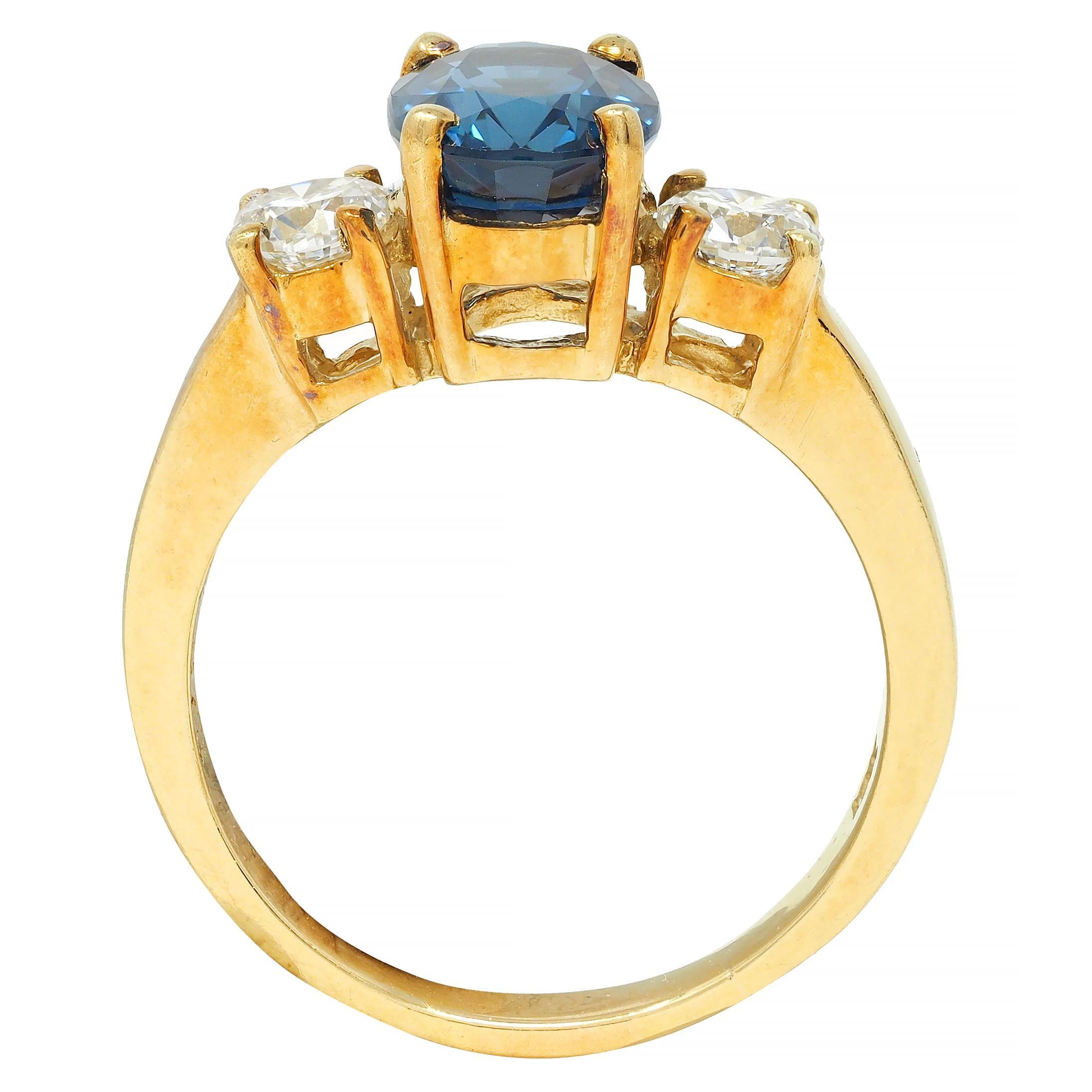 Vintage 2.32 CTW Sapphire Diamond 18 Karat Yellow Gold Three Stone Ring GIA For Sale 5