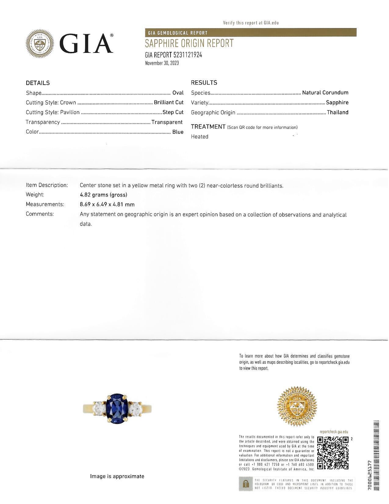 Vintage 2.32 CTW Sapphire Diamond 18 Karat Yellow Gold Three Stone Ring GIA For Sale 8