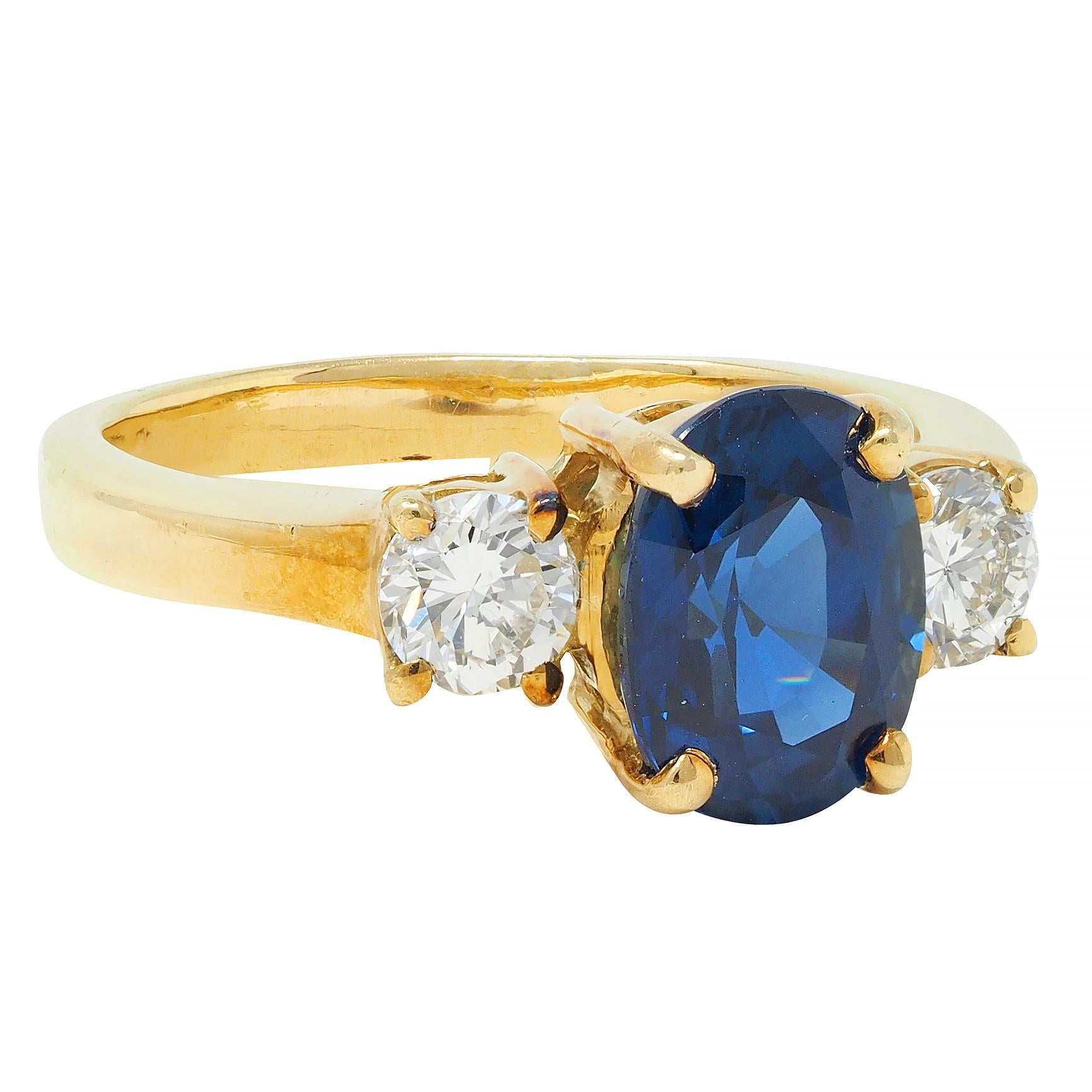 Oval Cut Vintage 2.32 CTW Sapphire Diamond 18 Karat Yellow Gold Three Stone Ring GIA For Sale
