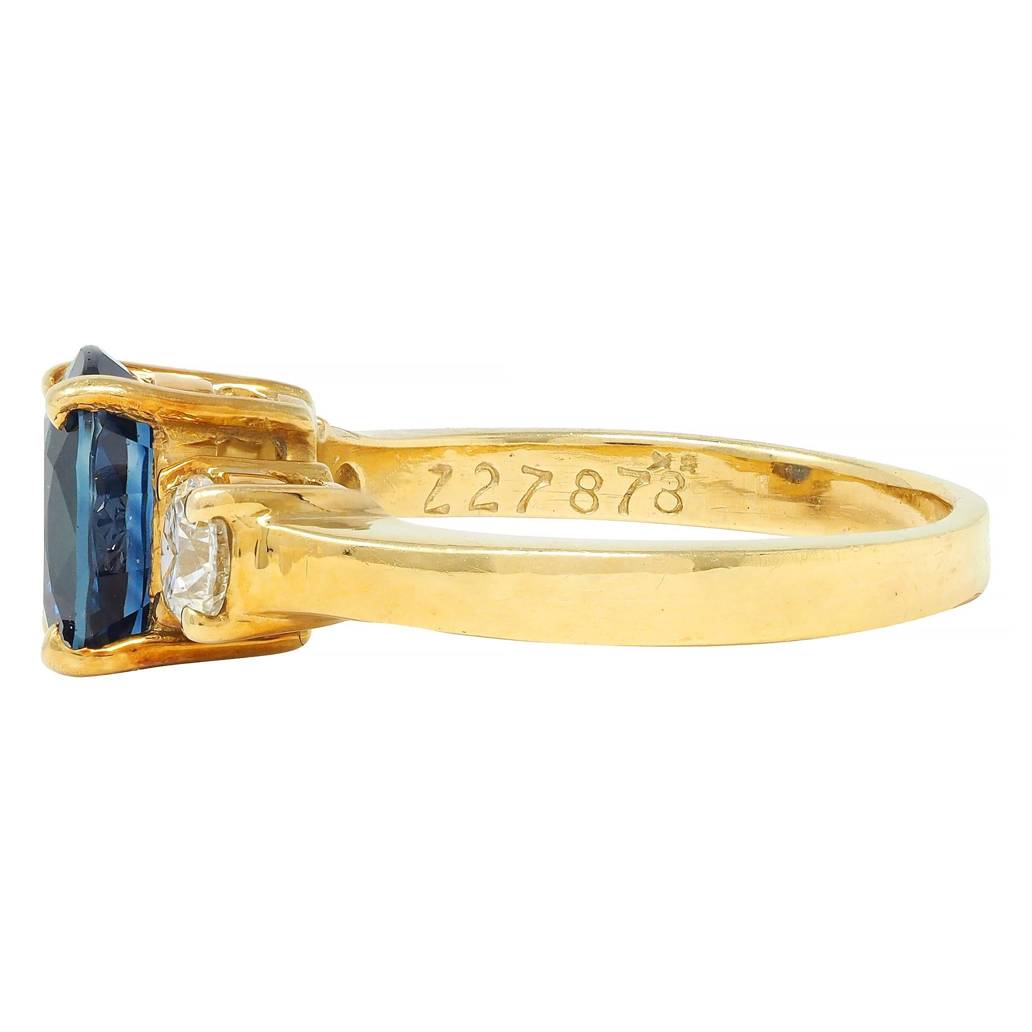 Vintage 2.32 CTW Sapphire Diamond 18 Karat Yellow Gold Three Stone Ring GIA In Excellent Condition For Sale In Philadelphia, PA