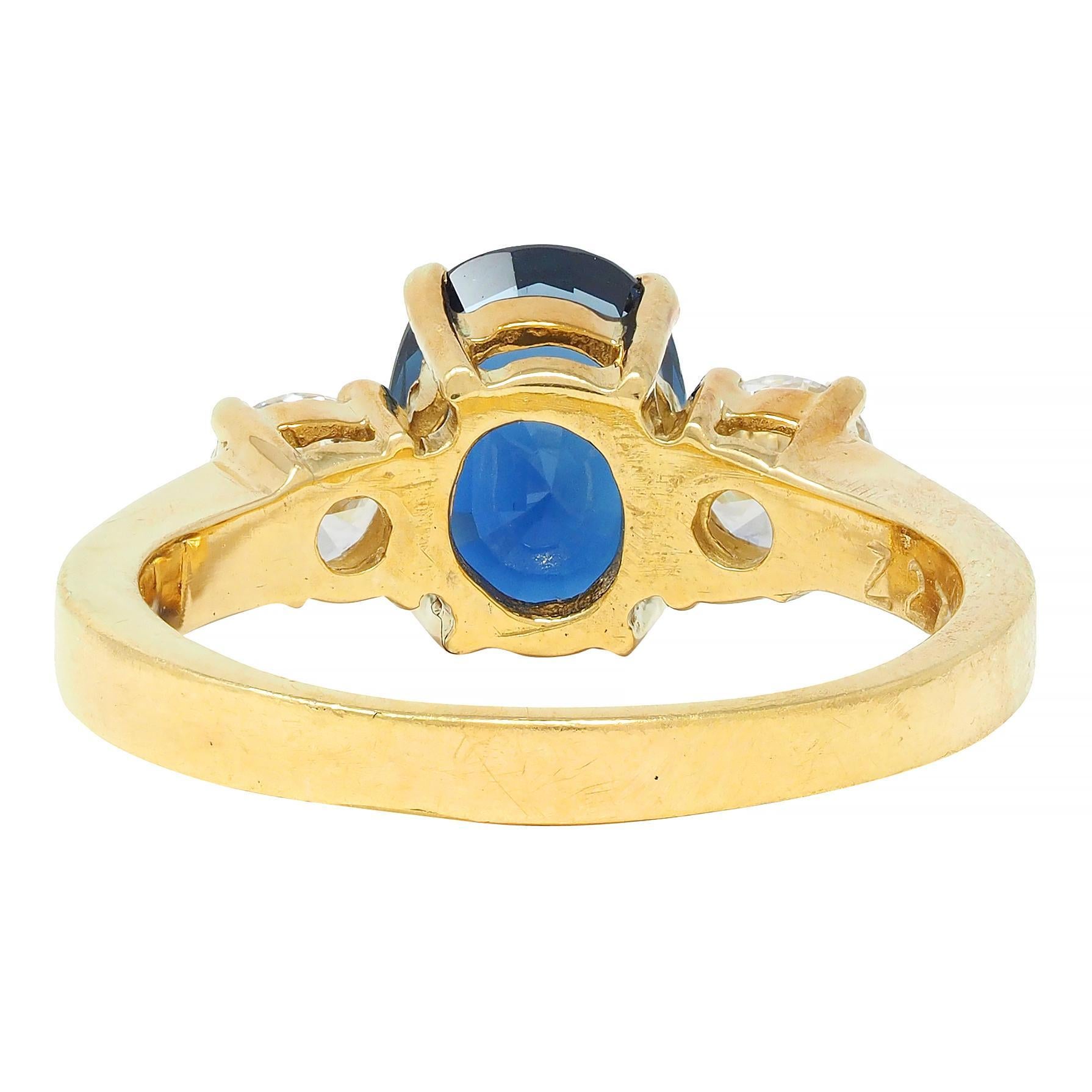 Women's or Men's Vintage 2.32 CTW Sapphire Diamond 18 Karat Yellow Gold Three Stone Ring GIA For Sale
