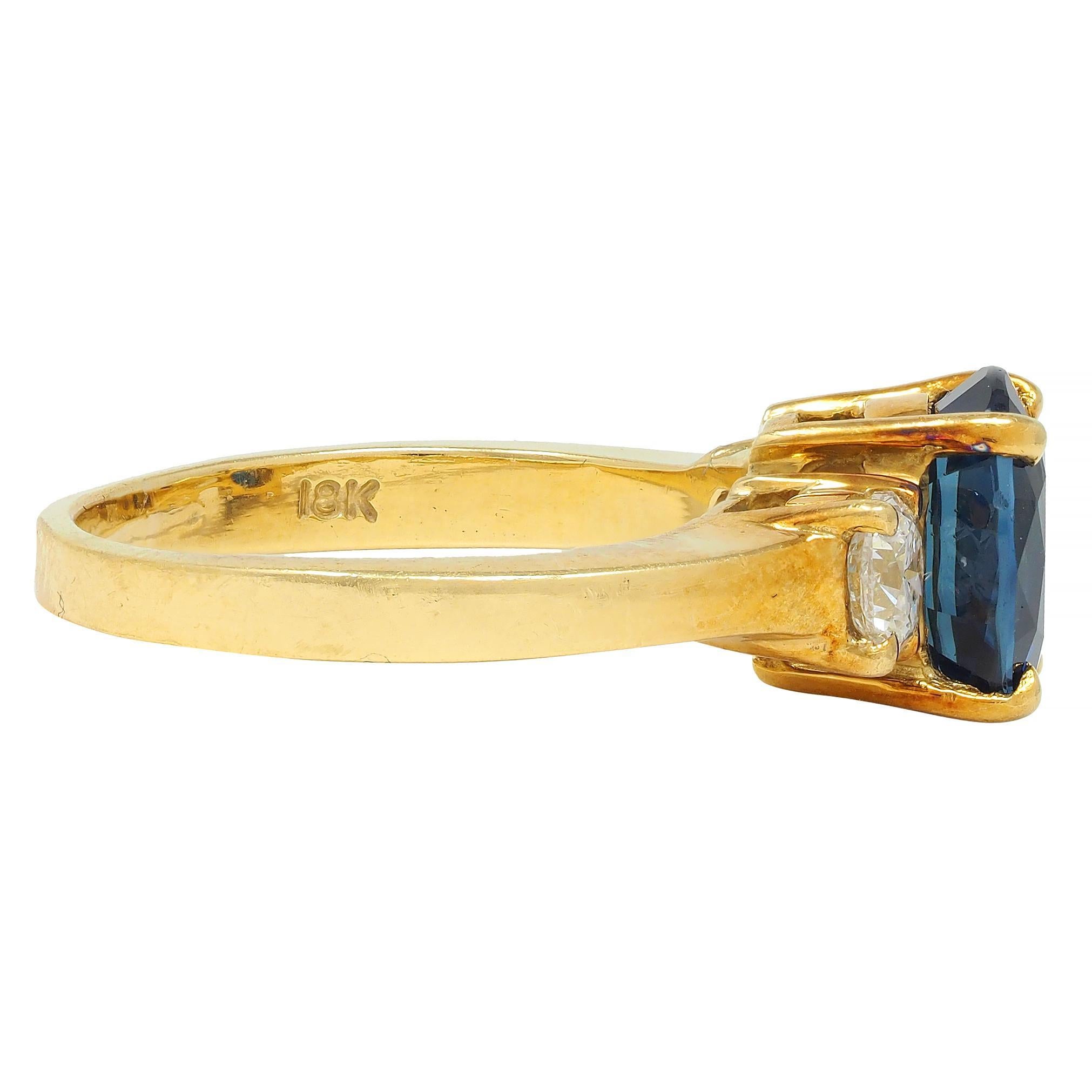 Vintage 2.32 CTW Sapphire Diamond 18 Karat Yellow Gold Three Stone Ring GIA For Sale 1