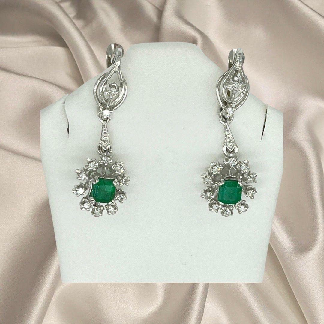 Emerald Cut Vintage 2.33 Carat Emerald and Diamond Ring Dangle Drop Earrings Set 18k For Sale