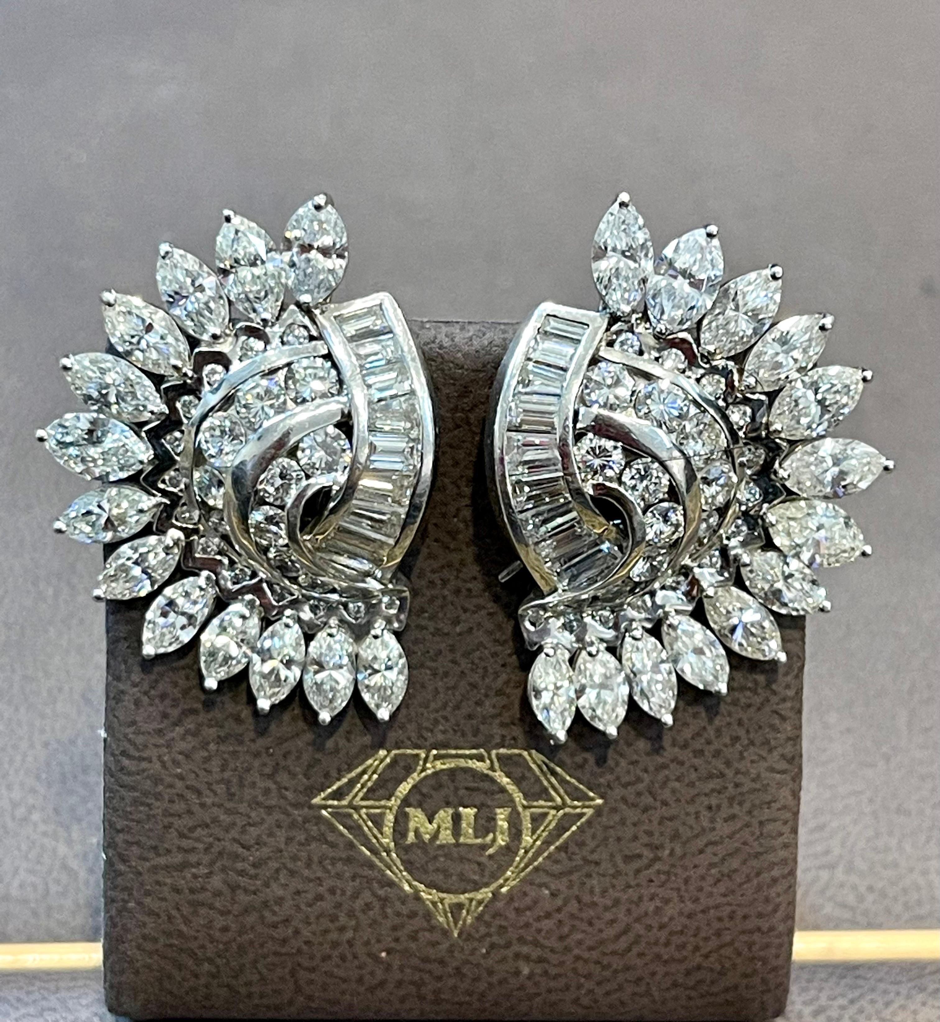 Vintage 23.5 Ct Marquise, Round & Baguette Shape Diamond Half Moon Clip Earring In Excellent Condition For Sale In New York, NY