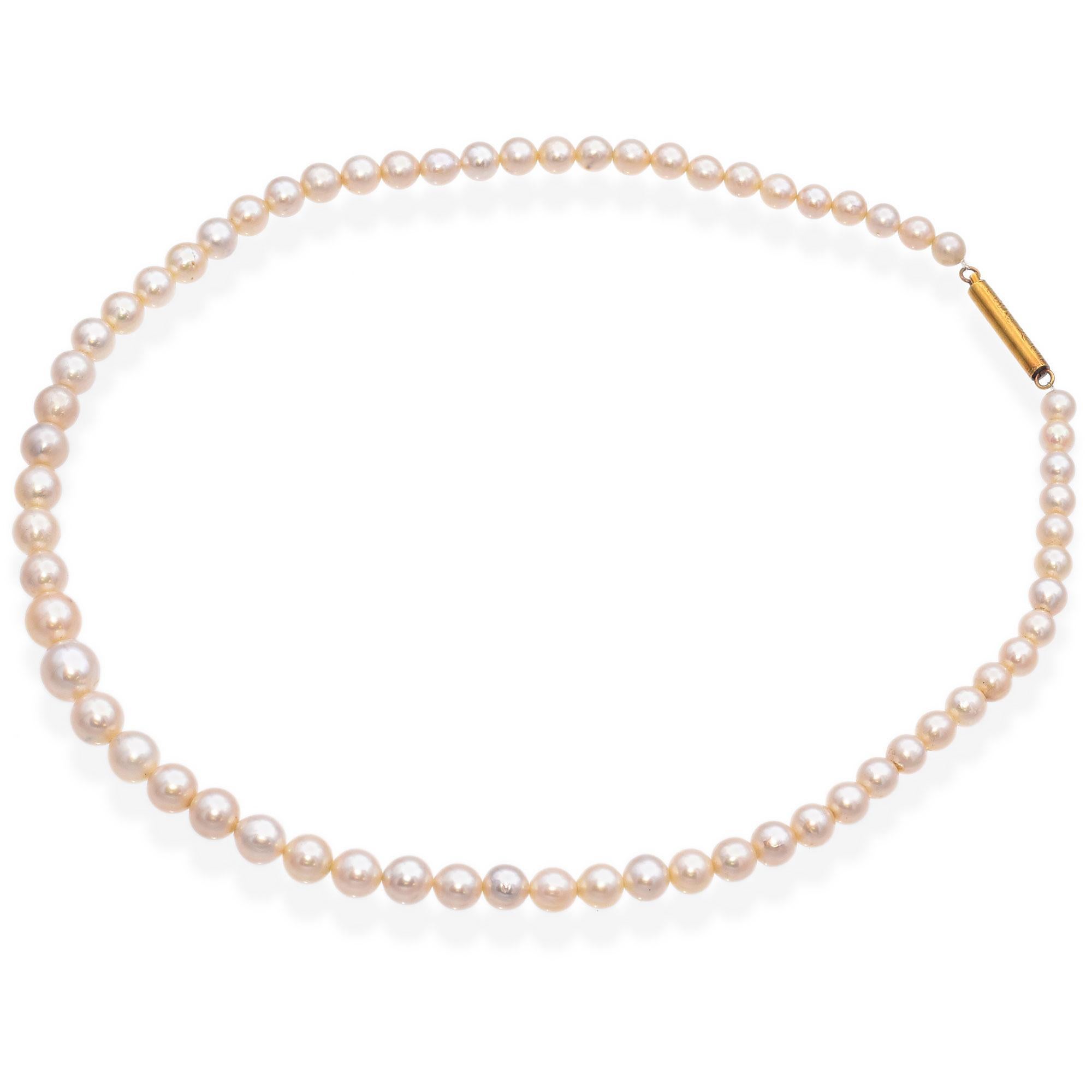 Uncut Vintage 23K Yellow Gold Graduated Pearl Beaded Strand Necklace For Sale