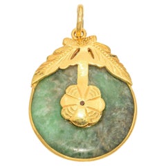 Vintage 23K Yellow Gold Green Jade Round Donut Disc Pendant