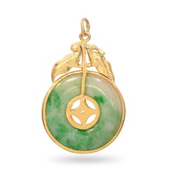 Vintage 23k Gelbgold Jade Scheibe Anhänger