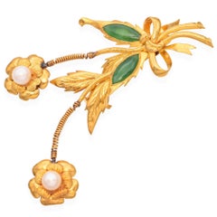 Vintage 23k Yellow Gold Pearl and Jade Floral Bow Tremblant Brooch