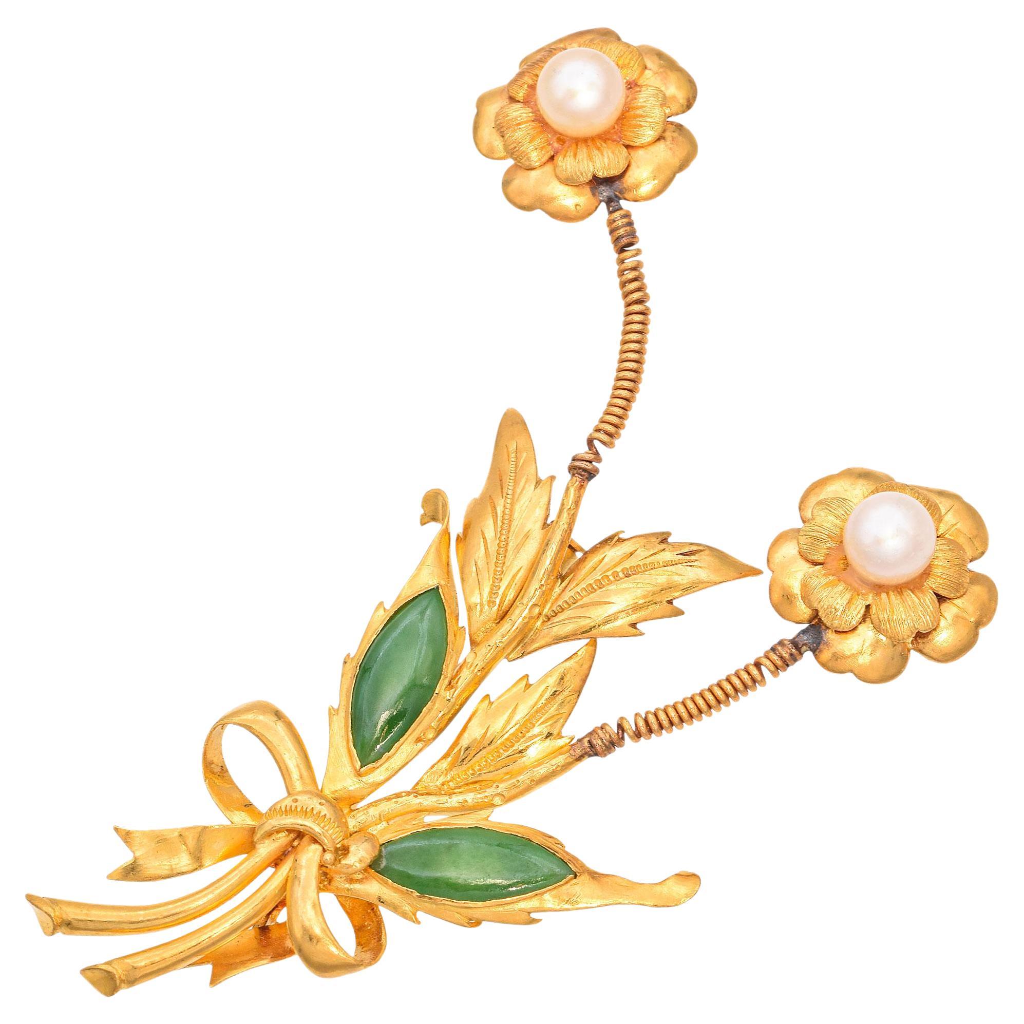 Vintage 23k Yellow Gold Pearl and Jade Floral Bow Tremblant Brooch