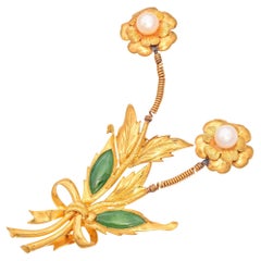 Vintage 23k Yellow Gold Pearl and Jade Floral Bow Tremblant Brooch