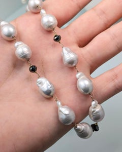 Vintage 24" Black Diamond (14.00ct) & South Sea Pearl Necklace in 14KY Gold