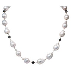 Vintage 24" Black Diamond (14.00ct) & South Sea Pearl Necklace in 14KY Gold
