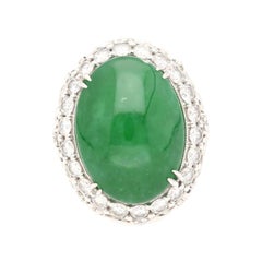 Vintage 24 Carat Cabochon Cut Jadeite Jade & Round Cut Diamond Halo Ring