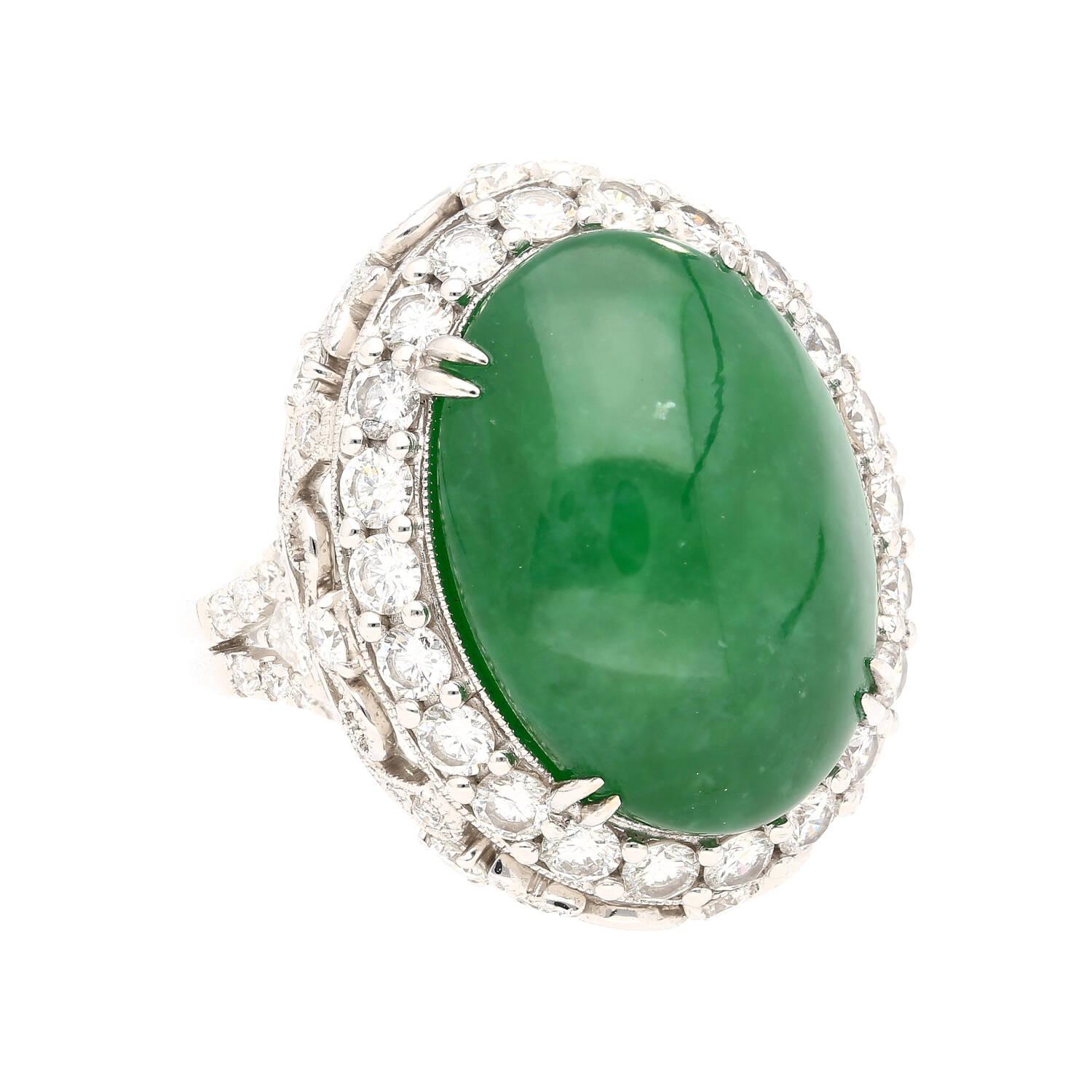 Art Deco Vintage 24 Carat Cabochon Cut Jadeite Jade & Round Cut Diamond Halo Ring For Sale