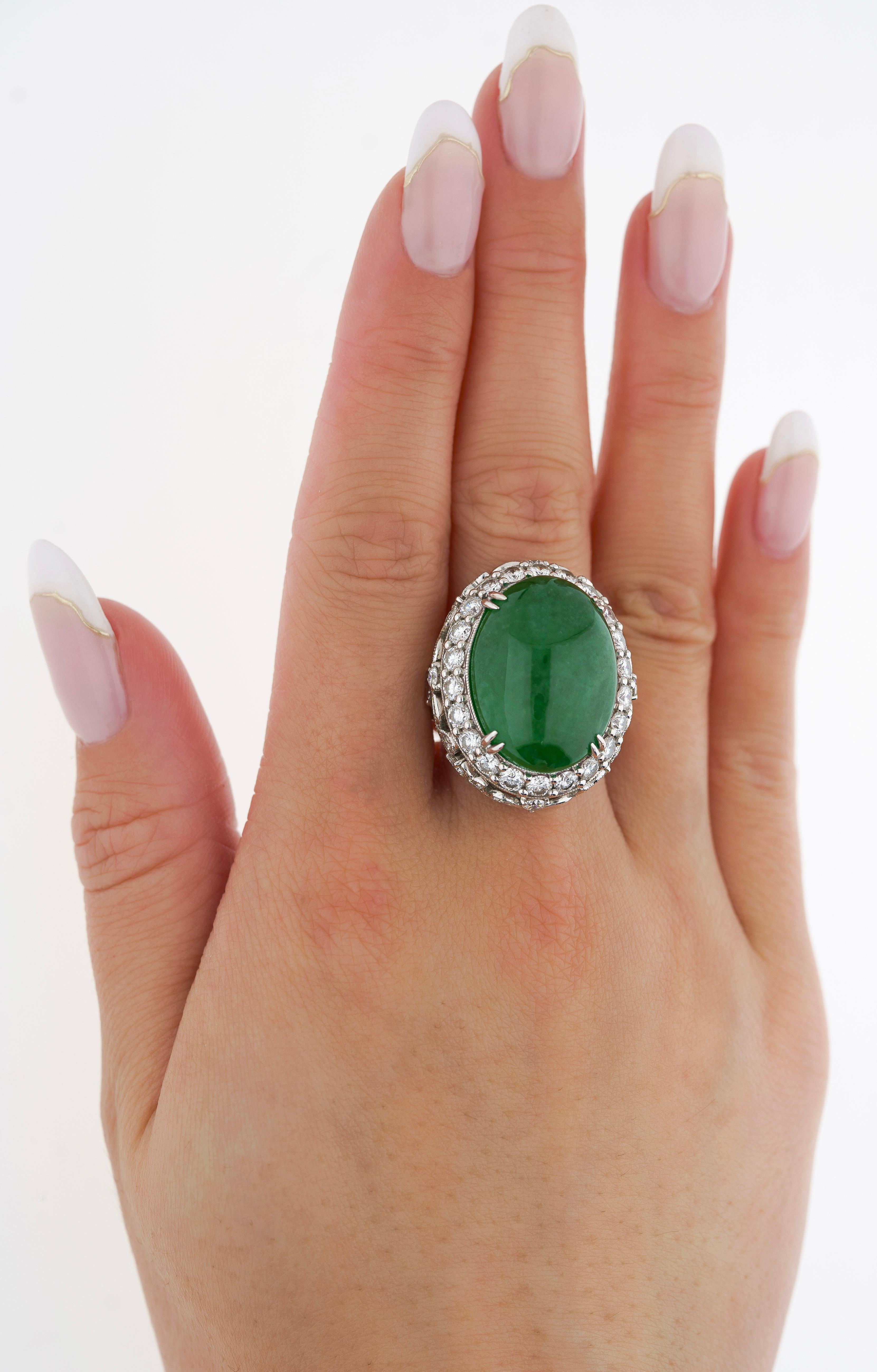 Vintage 24 Carat Cabochon Cut Jadeite Jade & Round Cut Diamond Halo Ring For Sale 2
