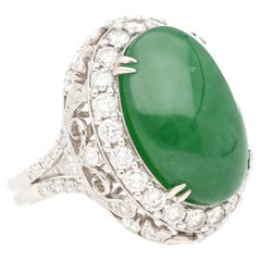 Vintage 24 Carat Cabochon Cut Jadeite Jade & Round Cut Diamond Halo Ring