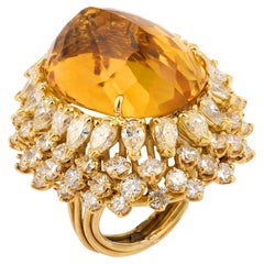 Vintage 24 carat oval cut citrine 14k yellow gold diamond dome cocktail ring