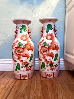 Vintage 24" Chinese Porcelain Vase With Foo Dog Motif, a Pair