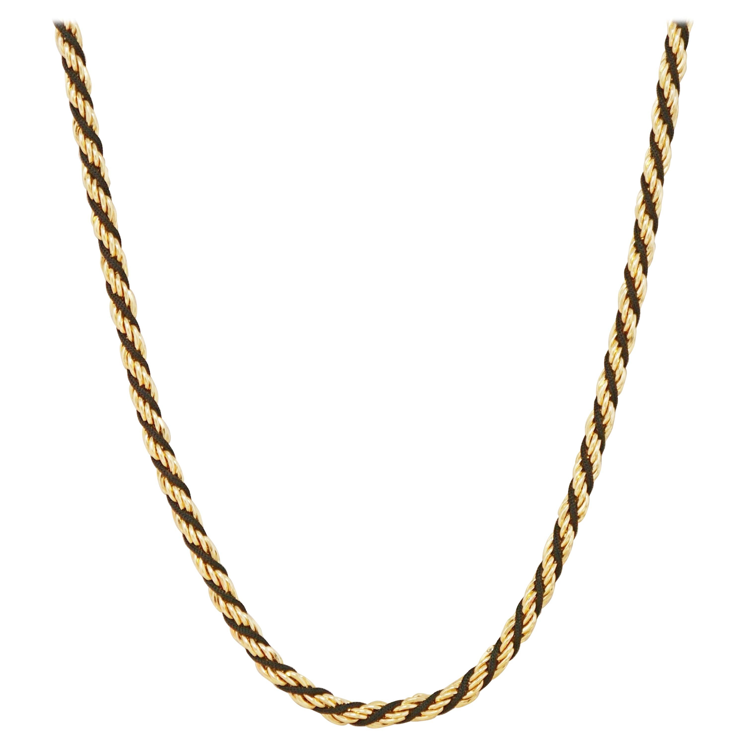 Vintage 24" Gilt & Black Cord Twisted Chain Necklace by Trifari, 1970s For Sale
