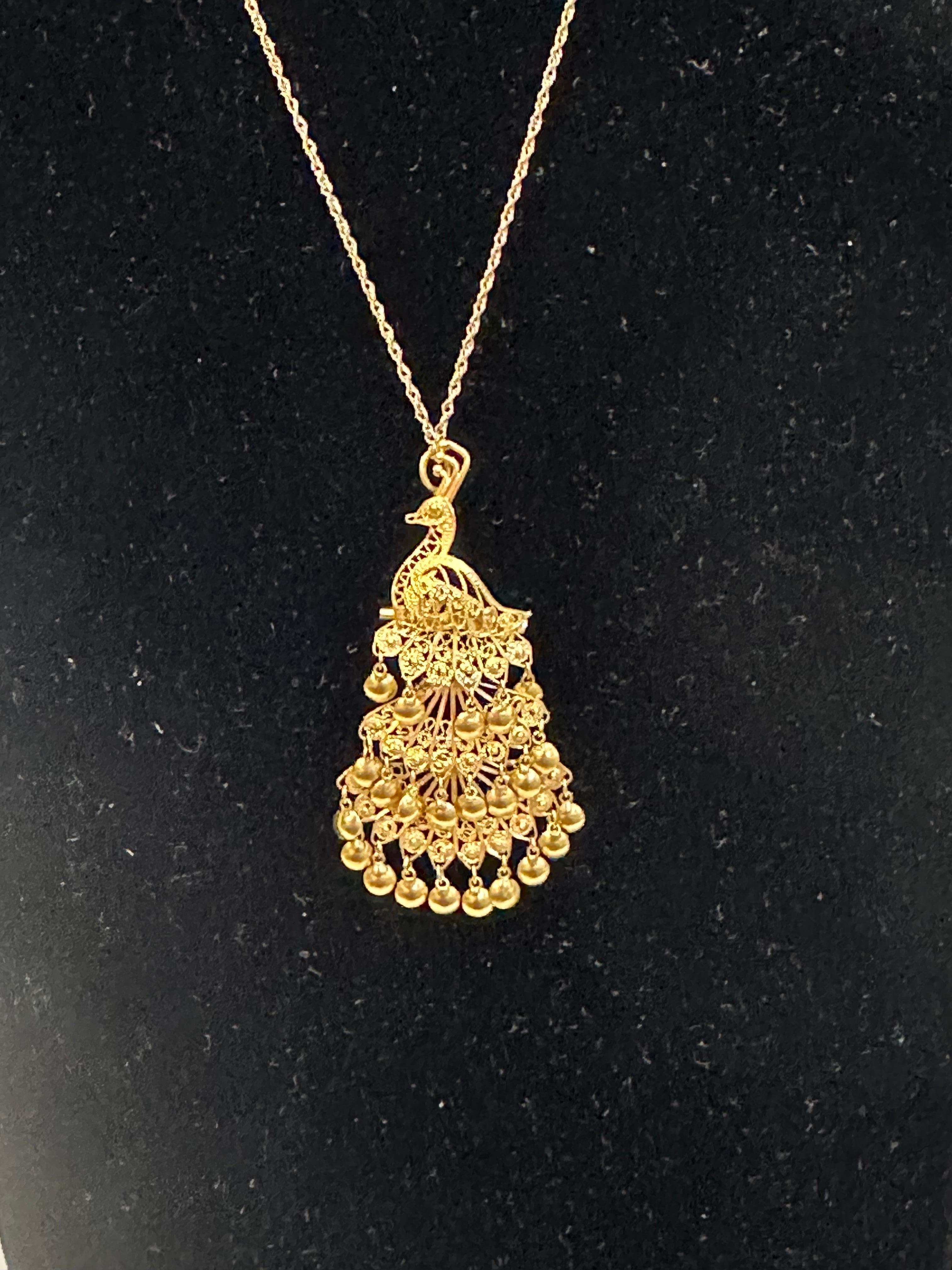 Women's or Men's Vintage 24 Kt Yellow Gold 3.4 Gm Peacock Pin / Pendant + 14 K Chain Necklace