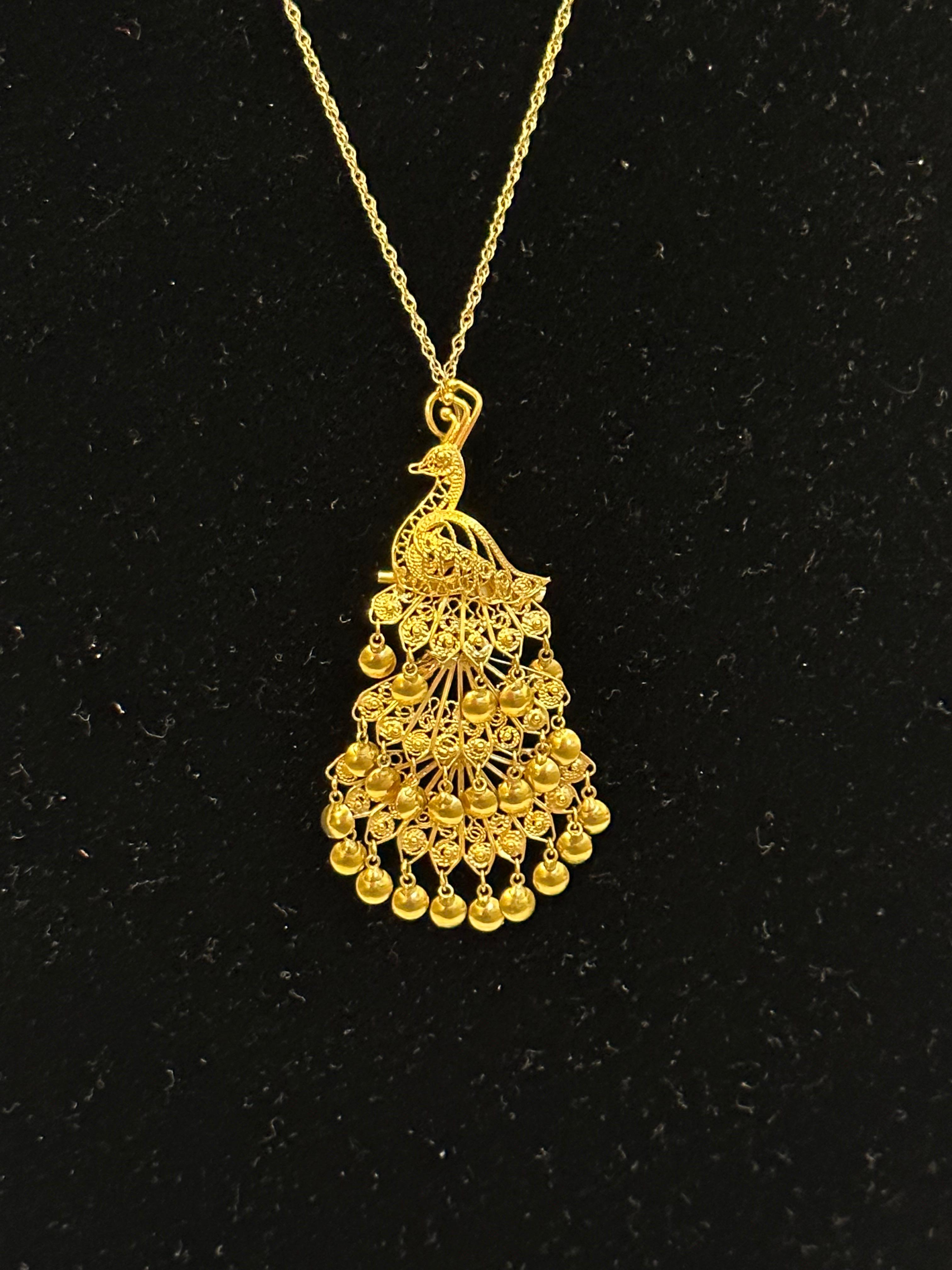Vintage 24 Kt Yellow Gold 3.4 Gm Peacock Pin / Pendant + 14 K Chain Necklace 1