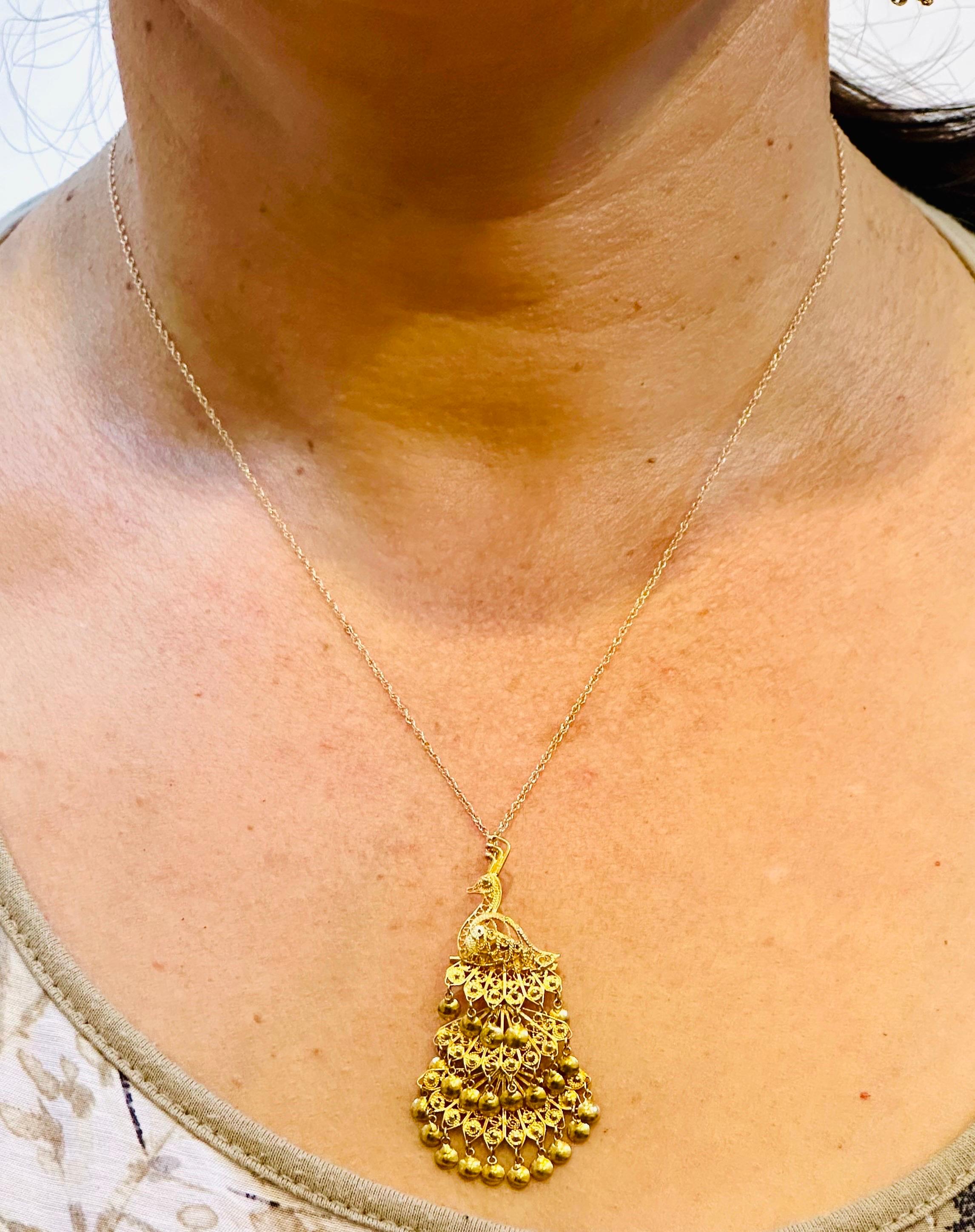 Vintage 24 Kt Yellow Gold 3.4 Gm Peacock Pin / Pendant + 14 K Chain Necklace 2