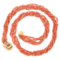 Vintage 24" Multi Strand Coral Bead Torsade Necklace w/ 14k Gold Carved Clasp
