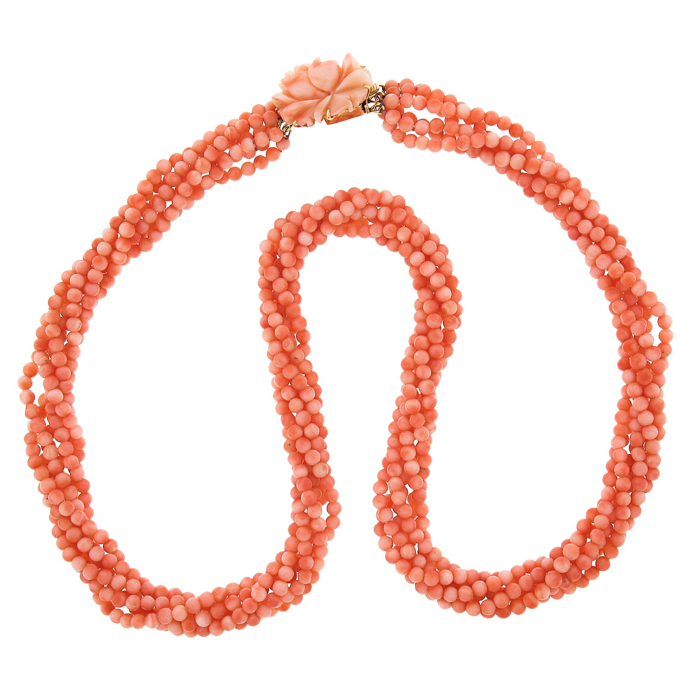 Vintage 24" Multi Strand Coral Bead Torsade Necklace w/ 14k Gold Carved Clasp en vente