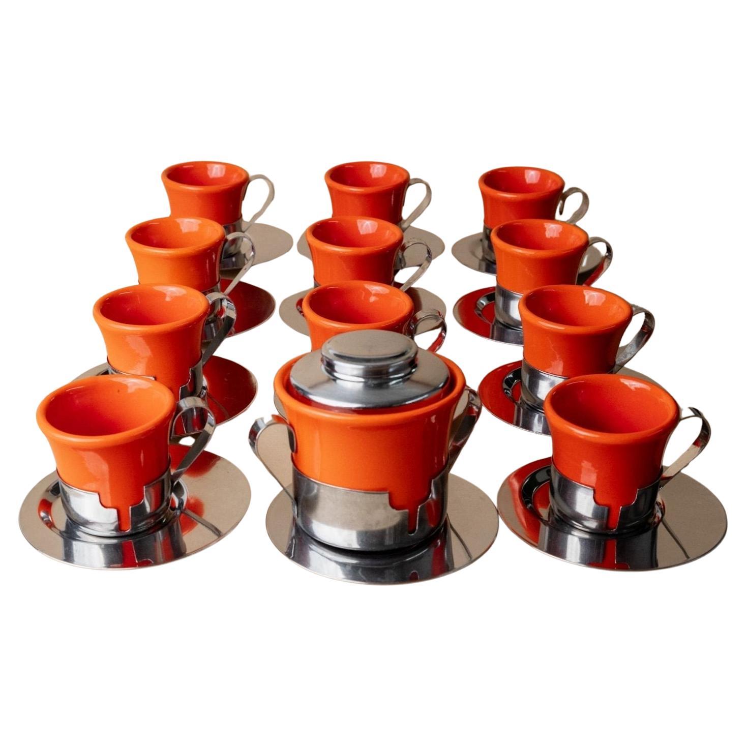 Vintage 24-Piece Coffee Set Ceramic Cups, Sugar Bowl & Steel Saucers, Italy 70s