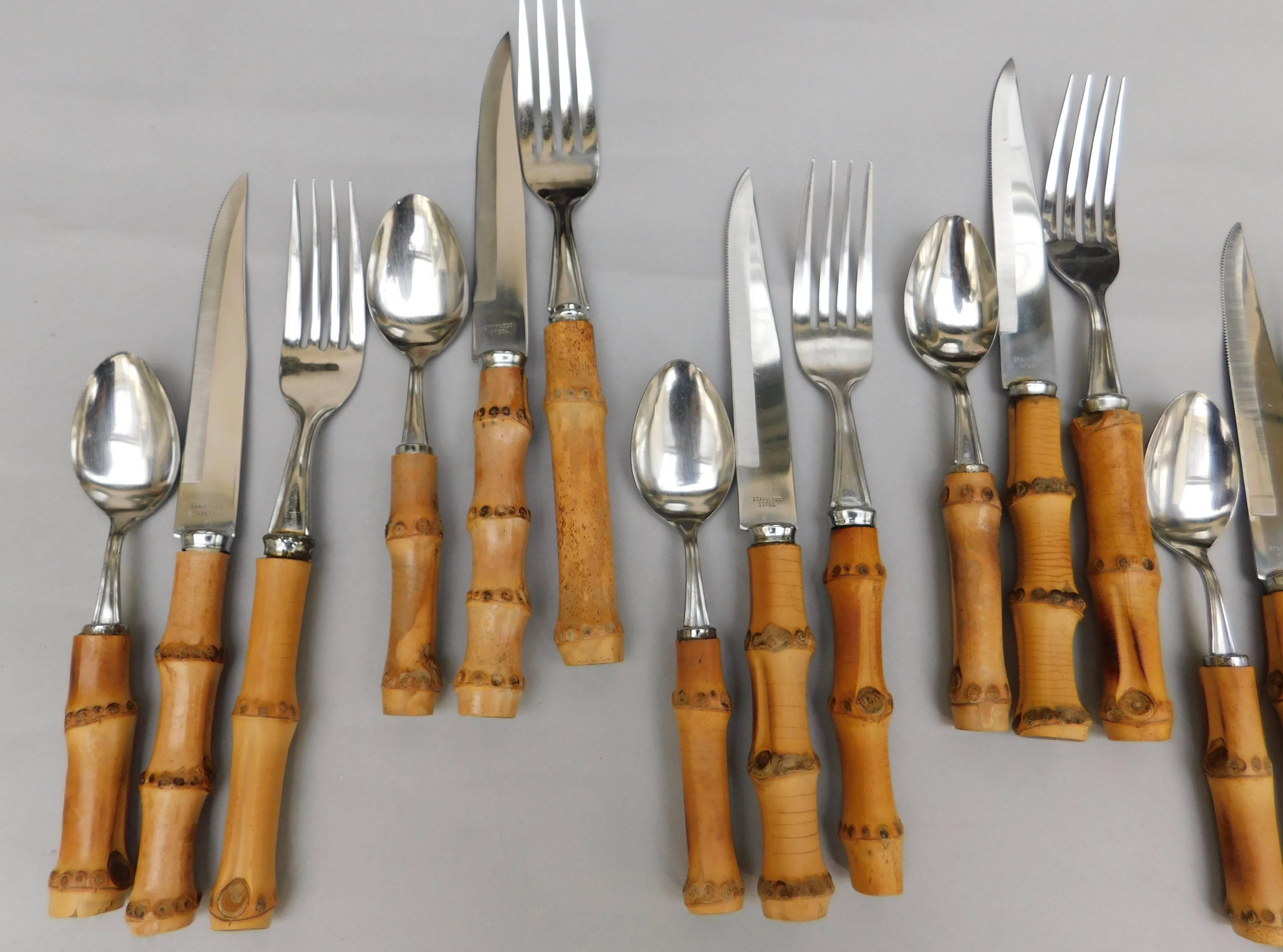 Vintage 24-Piece European Bamboo Handled Flatware Set of Eight Place Settings In Good Condition In Antwerp, BE