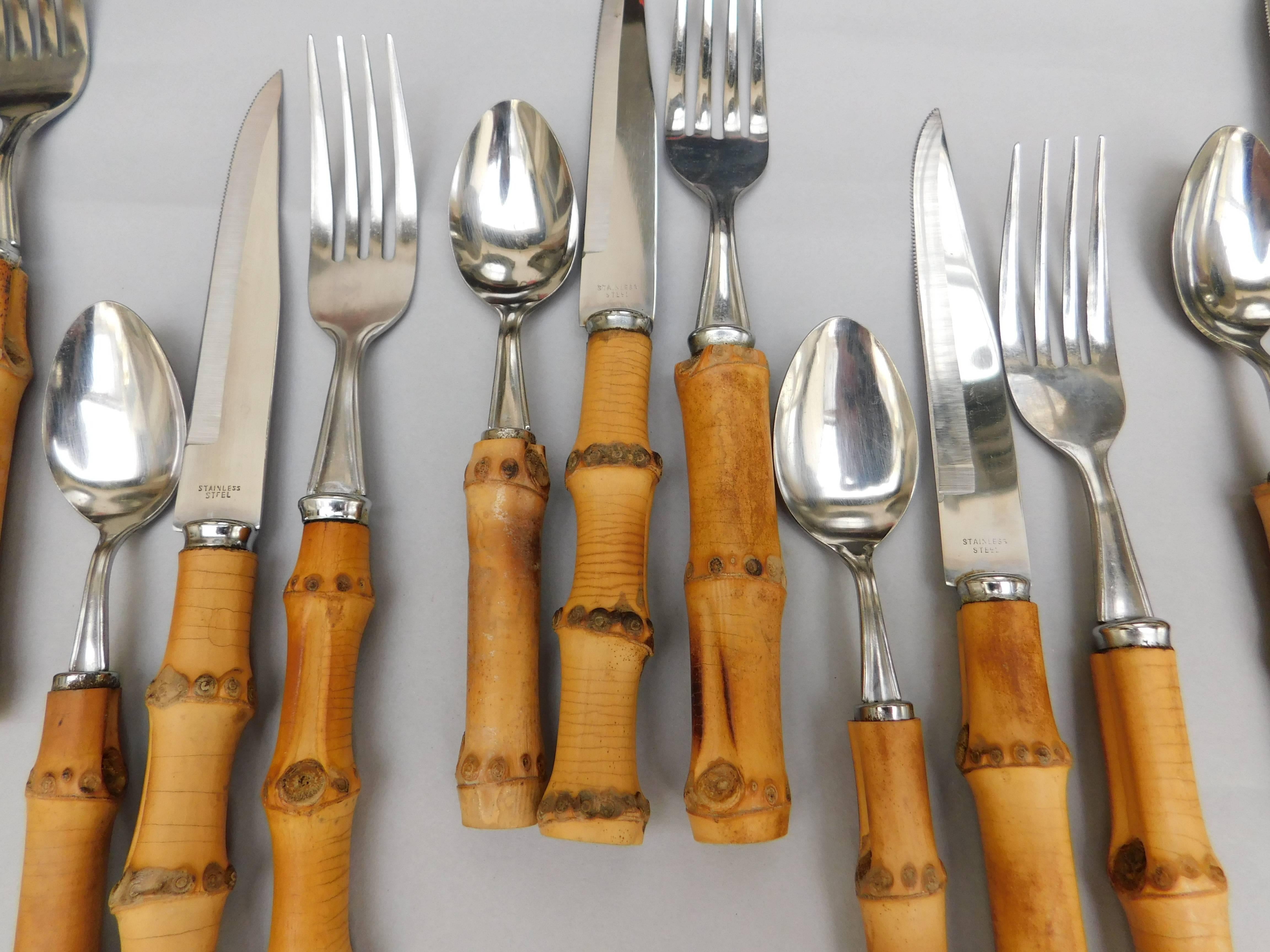 20th Century Vintage 24-Piece European Bamboo Handled Flatware Set of Eight Place Settings