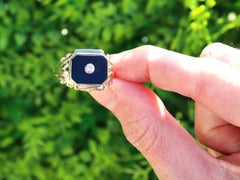 Vintage 2.40 Carat Black Onyx and Diamond 14k Yellow Gold Signet Ring Circa 1945