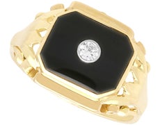 Vintage 2.40 Carat Black Onyx and Diamond 14k Yellow Gold Signet Ring Circa 1945