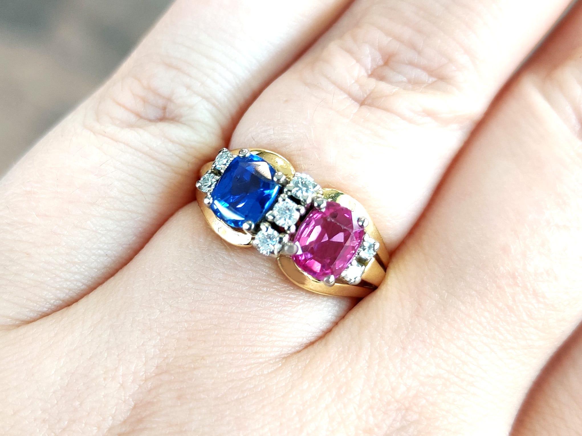 Cushion Cut Vintage 2.40 Carat Sapphire and 0.19 Carat Diamond 18k Yellow Gold Cocktail Ring For Sale