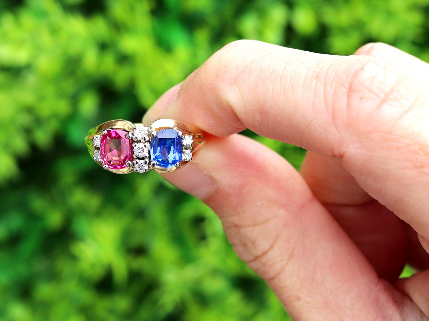 A stunning, fine and impressive vintage 2.40 carat pink and blue sapphire, 0.19 carat diamond, 18 karat yellow gold and white gold set gold dress ring; part of our sapphire ring collections

This stunning, fine and impressive sapphire ring has been