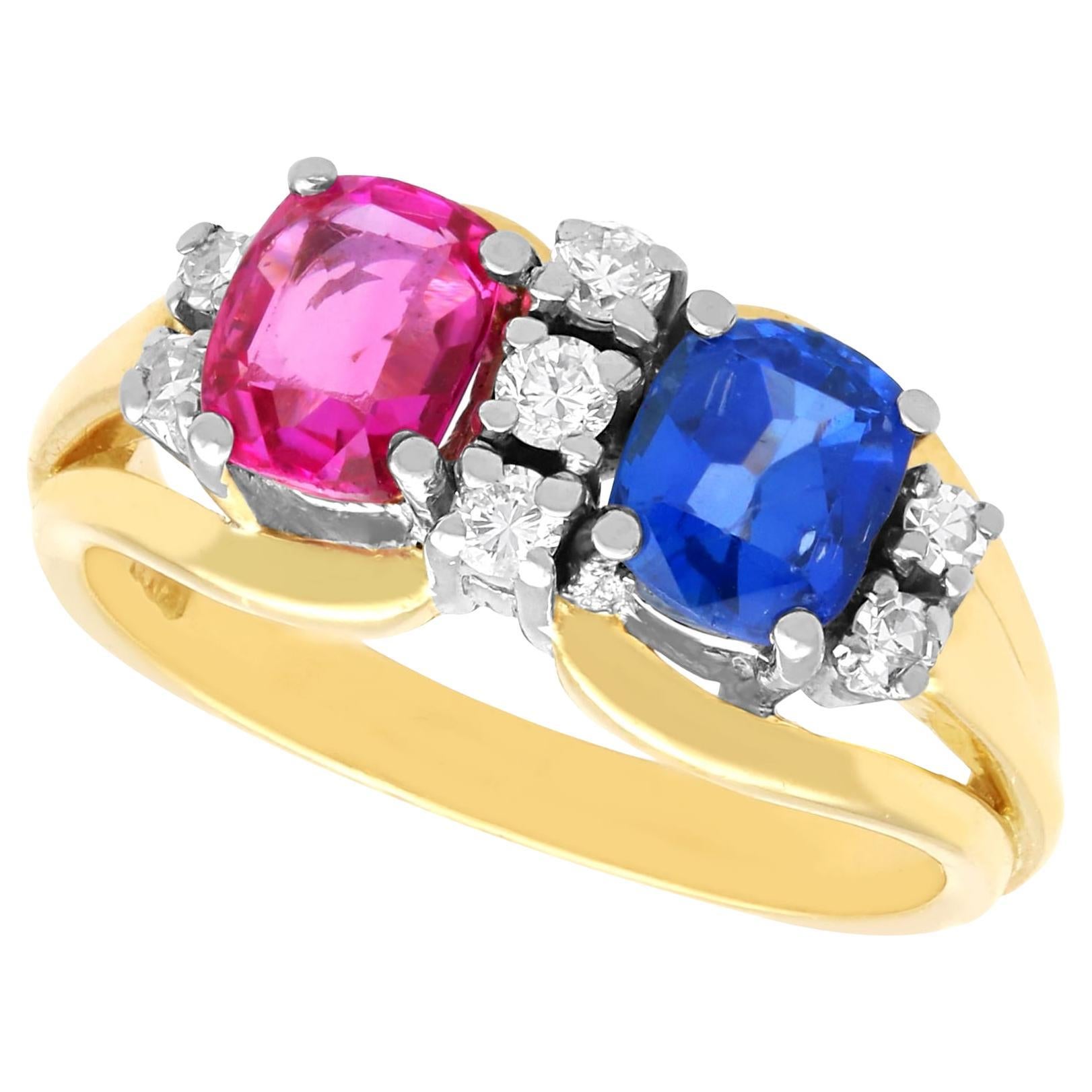 Vintage 2.40 Carat Sapphire and 0.19 Carat Diamond 18k Yellow Gold Dress Ring For Sale