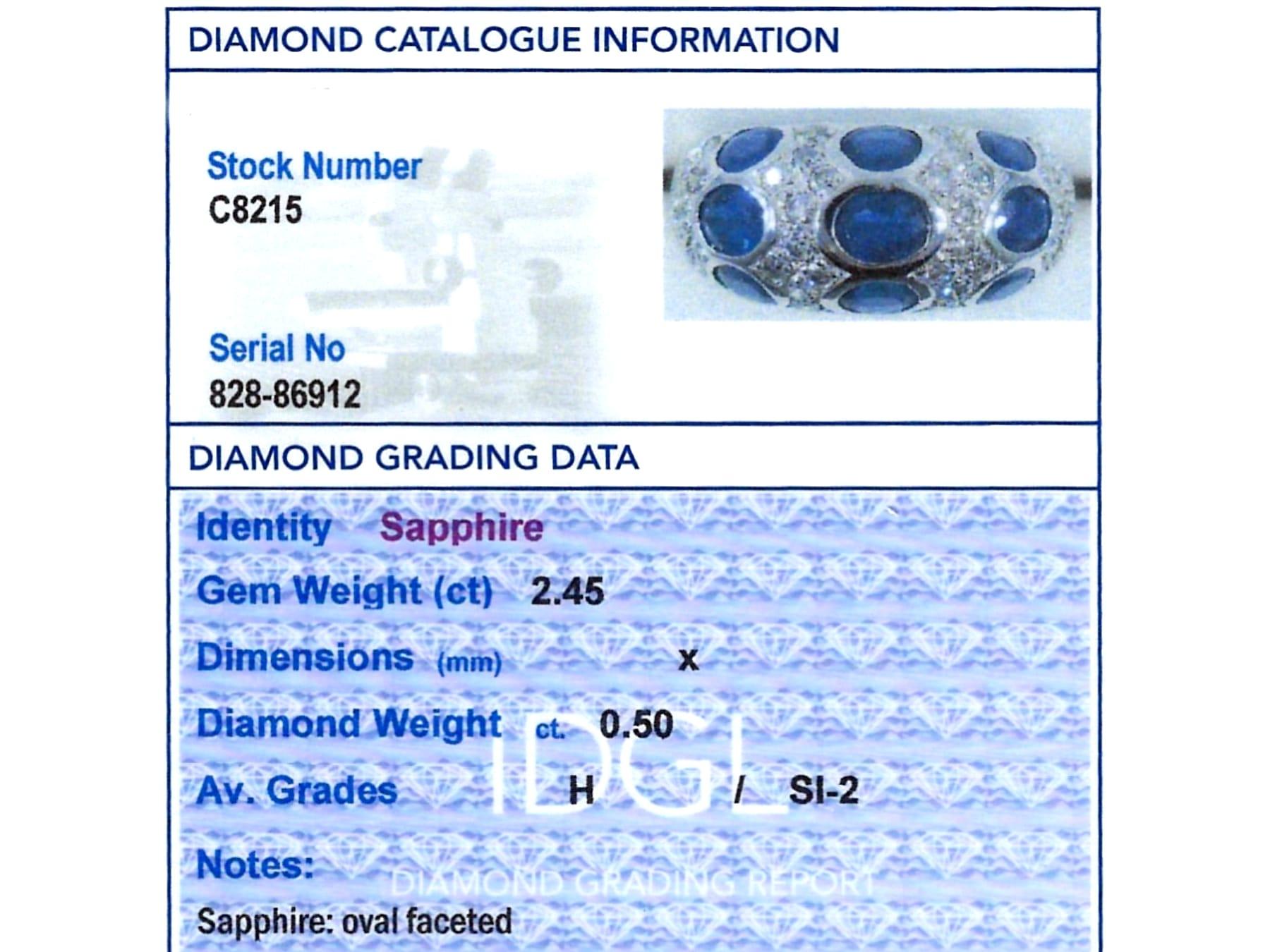 Vintage 2.45 Carat Sapphire and 0.50 Carat Diamond 18k White Gold Dress Ring For Sale 2