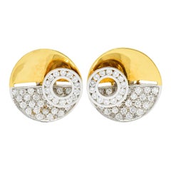 Vintage 2.46 Carats Pave Diamond Platinum 18 Karat Gold Circular Ear-Clip Earrin