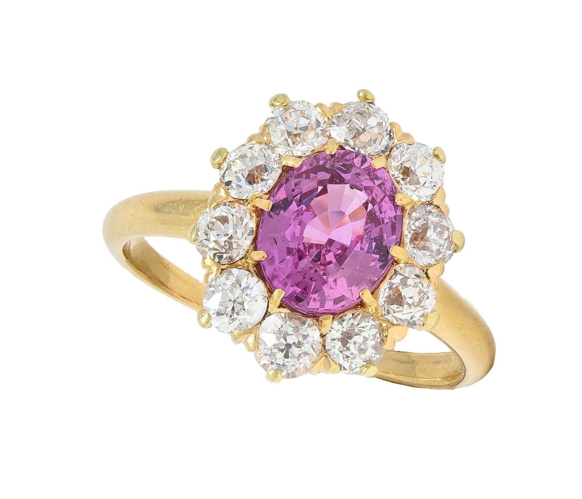 Vintage 2.46 CTW No Heat Pink Sapphire Diamond 14 Karat Gold Halo Ring GIA For Sale 6