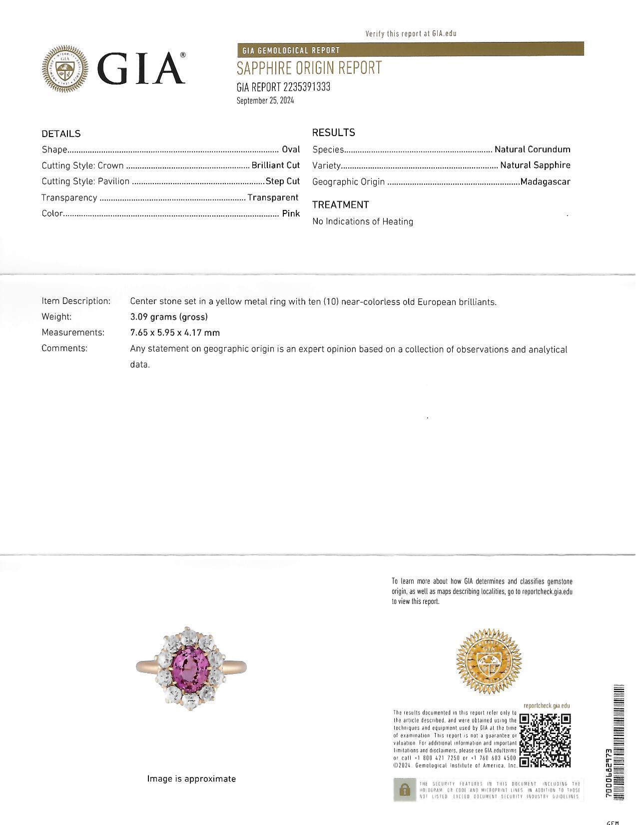 Vintage 2.46 CTW No Heat Pink Sapphire Diamond 14 Karat Gold Halo Ring GIA For Sale 9