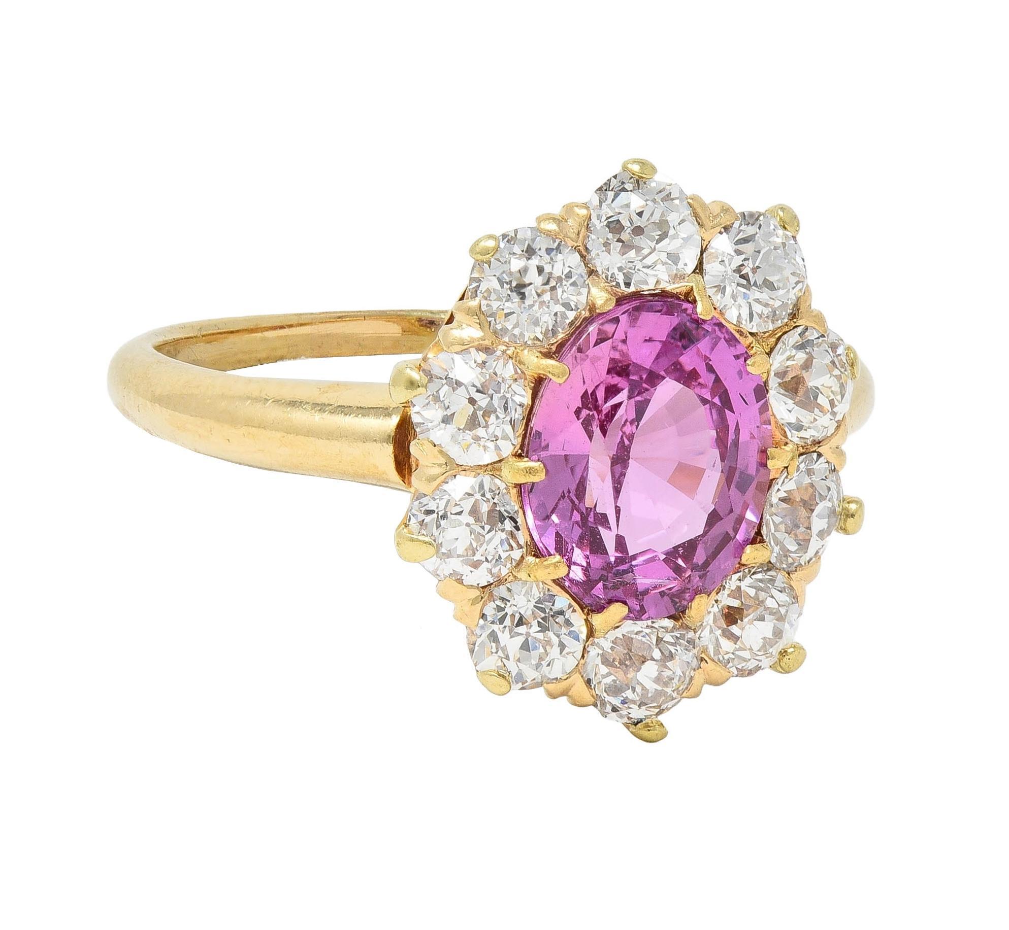 Old European Cut Vintage 2.46 CTW No Heat Pink Sapphire Diamond 14 Karat Gold Halo Ring GIA For Sale