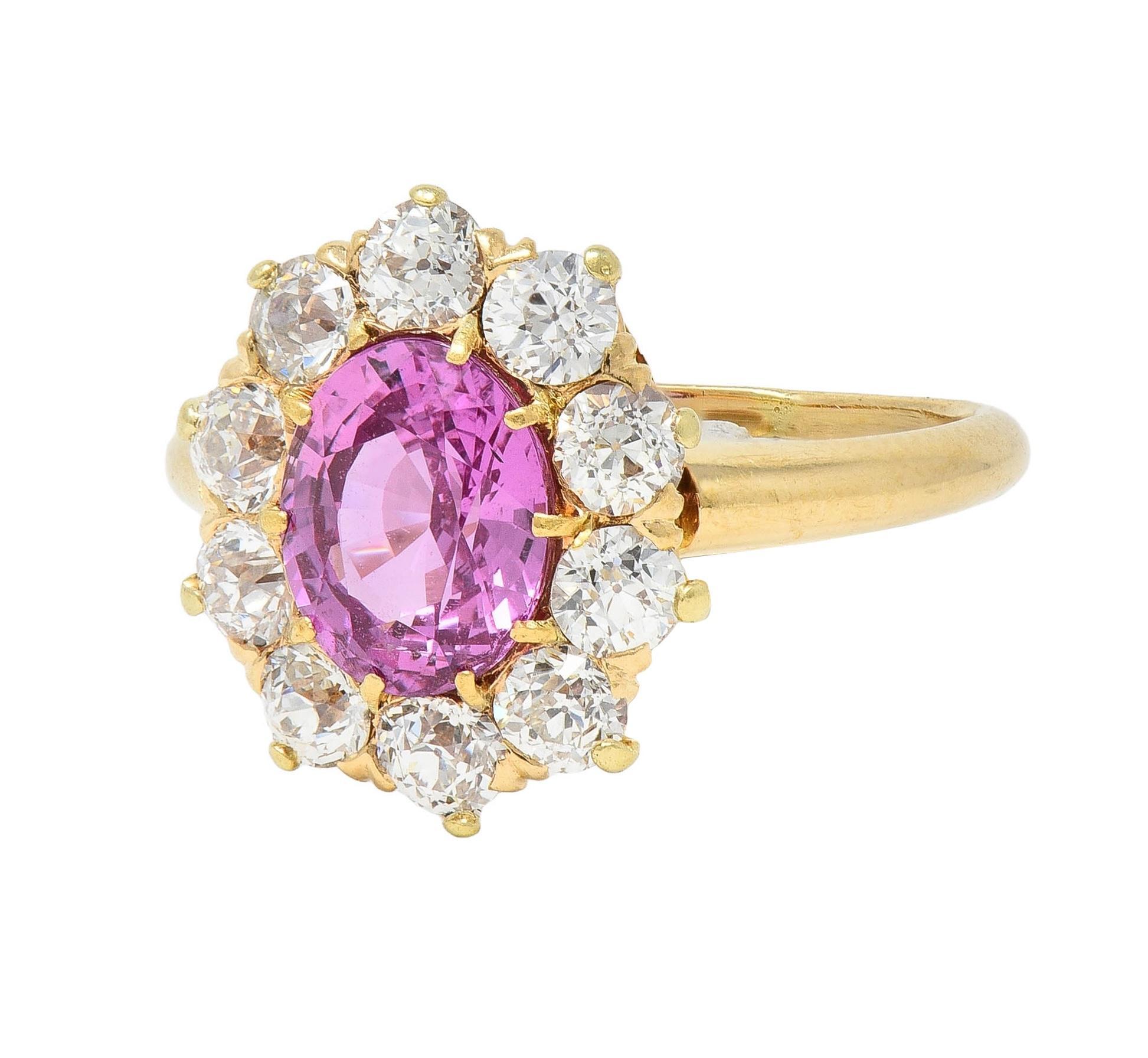 Vintage 2.46 CTW No Heat Pink Sapphire Diamond 14 Karat Gold Halo Ring GIA For Sale 2