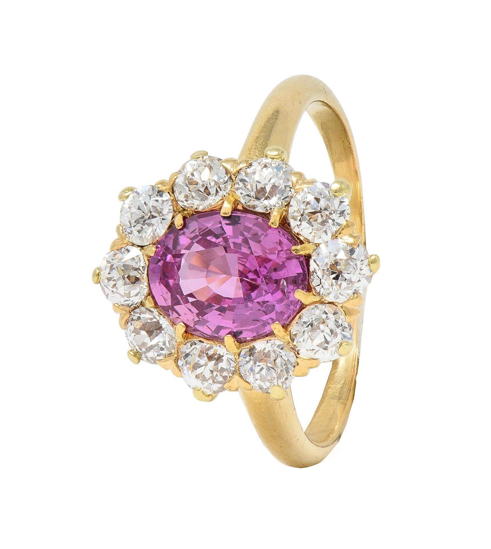 Vintage 2.46 CTW No Heat Pink Sapphire Diamond 14 Karat Gold Halo Ring GIA For Sale 3