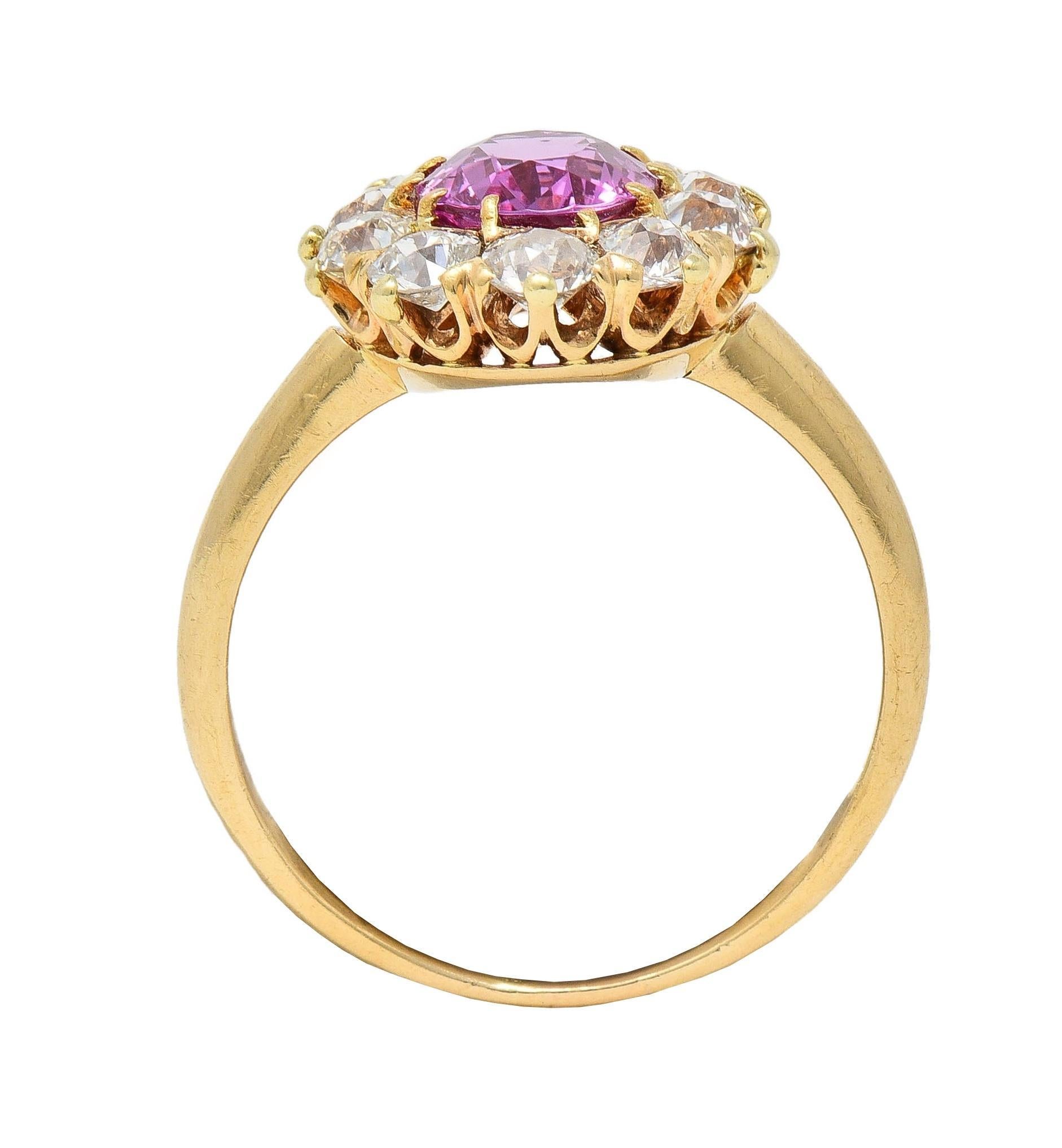 Vintage 2.46 CTW No Heat Pink Sapphire Diamond 14 Karat Gold Halo Ring GIA For Sale 4
